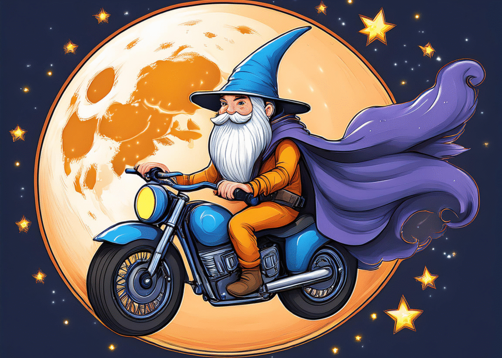wizard flying on a motorcycle in front of a large moon and stars