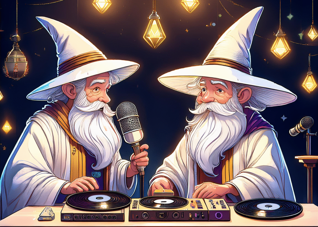 two wizards with turntables and microphones